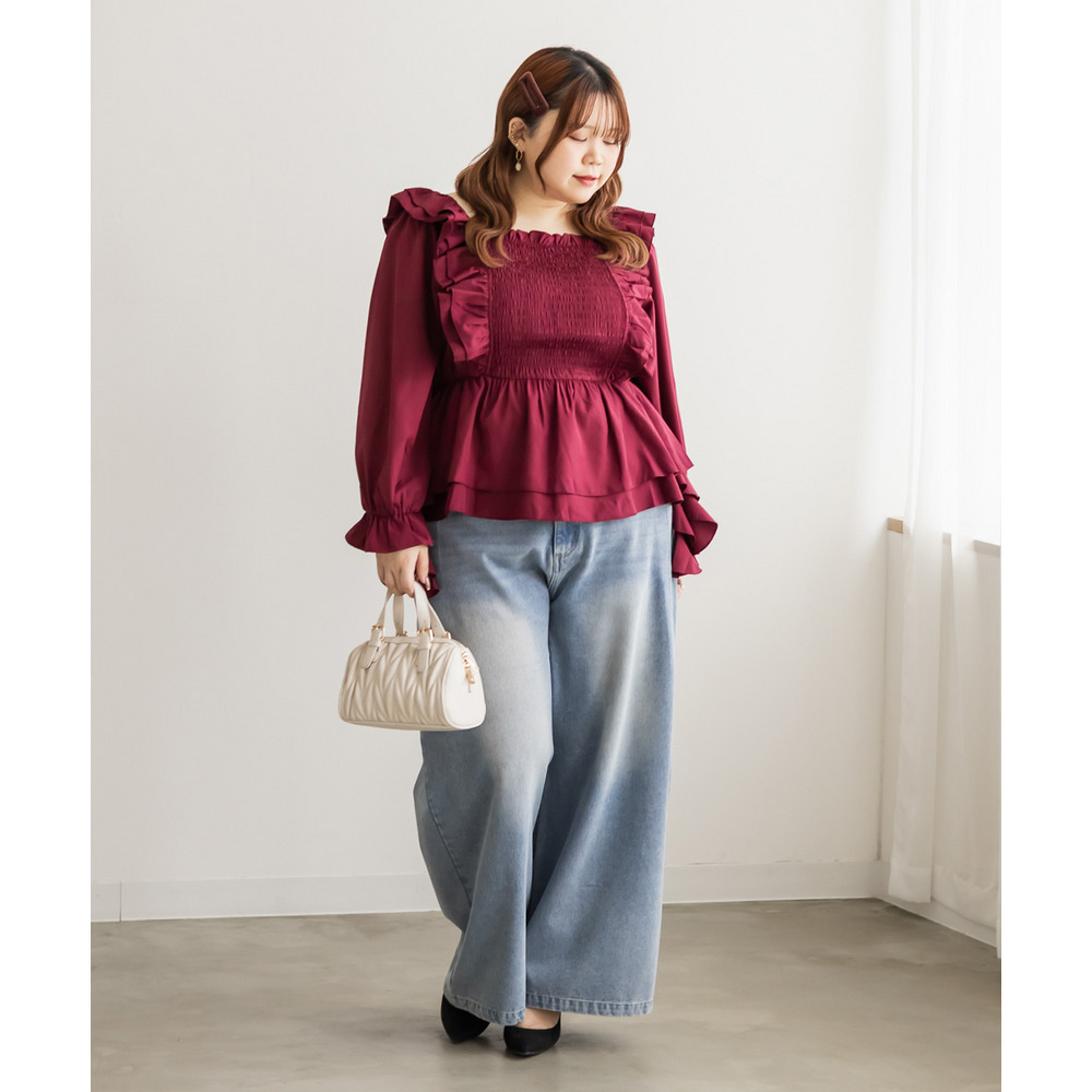 肩フリルシャーリングブラウス2