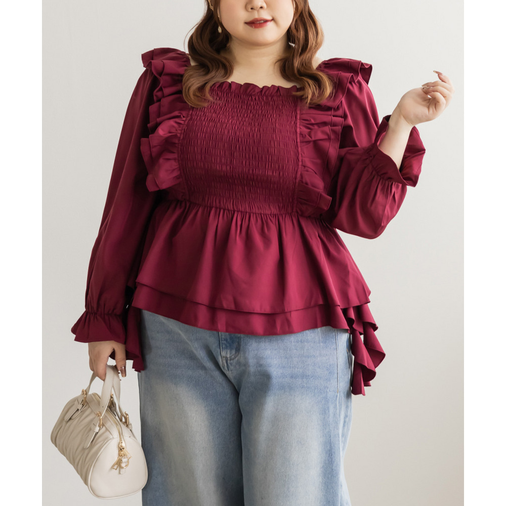 肩フリルシャーリングブラウス1