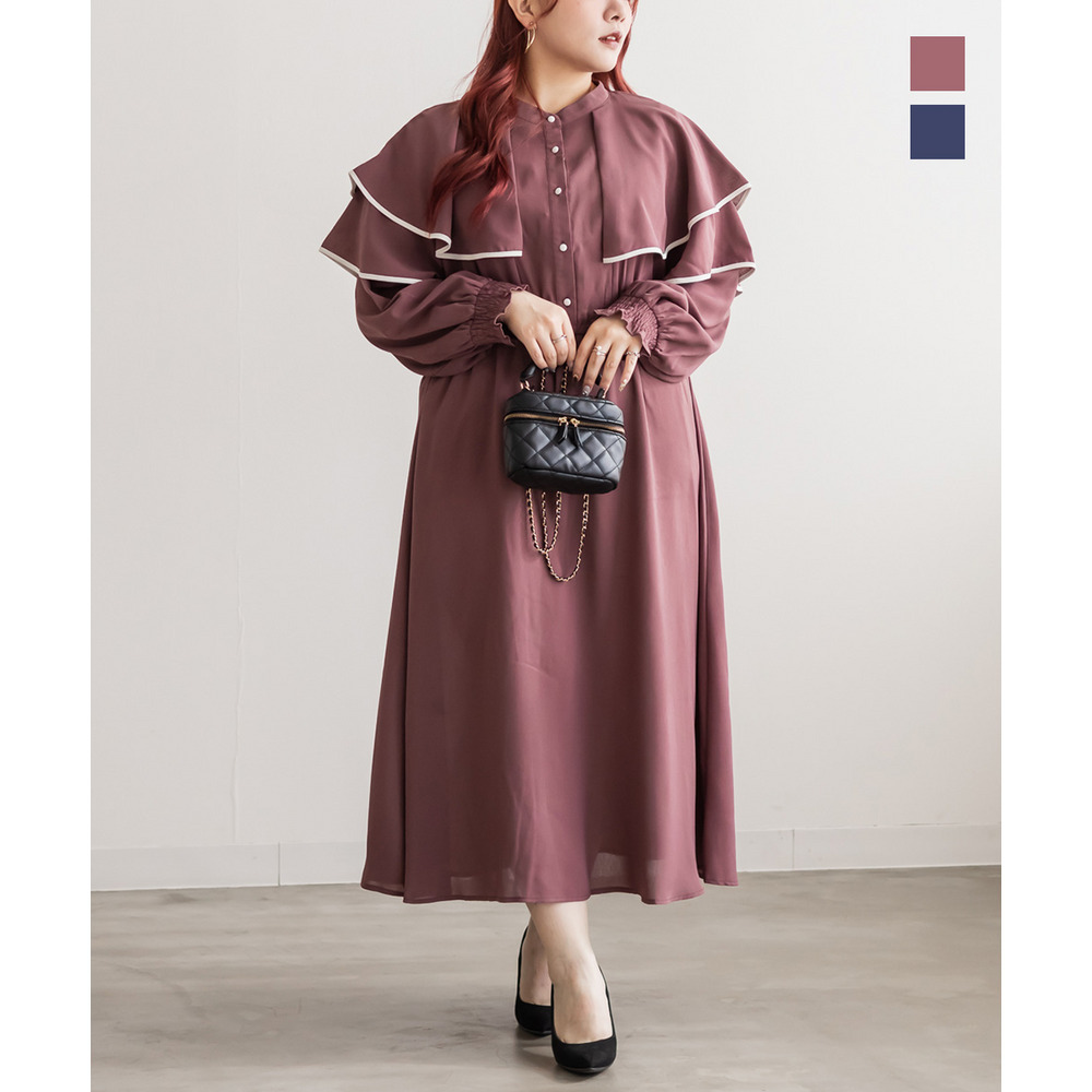 ウエストゴム長袖ケープワンピース1