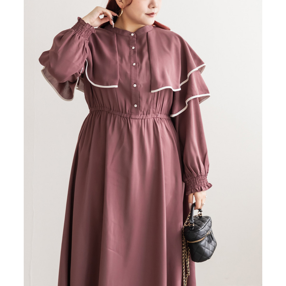 ウエストゴム長袖ケープワンピース4