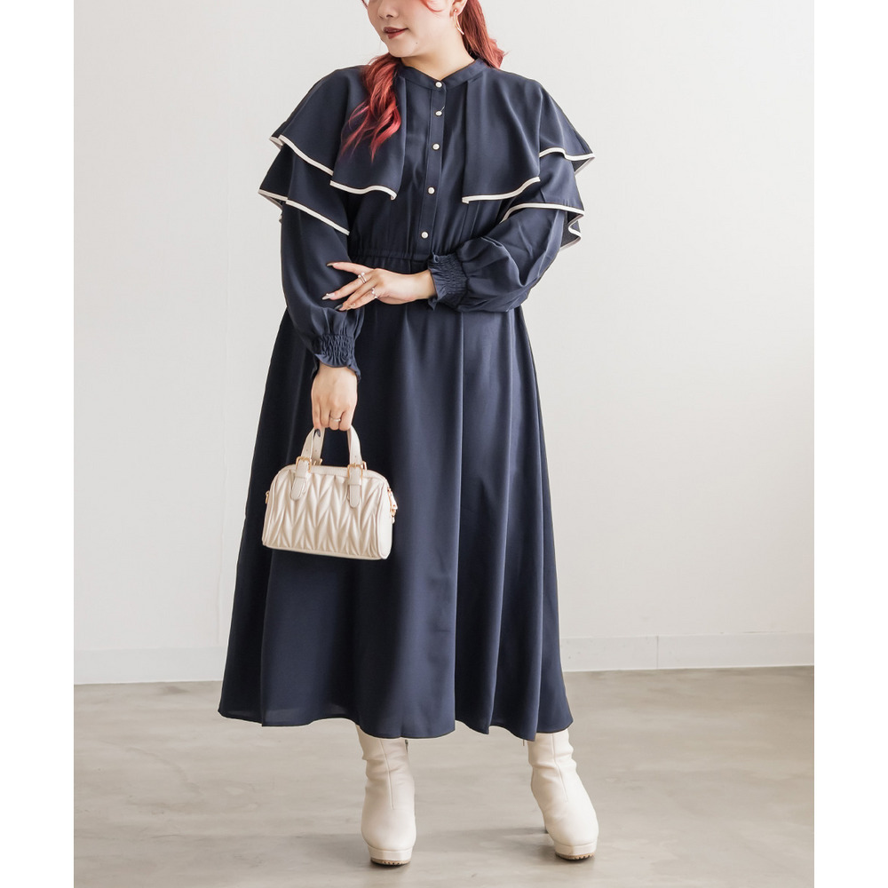 ウエストゴム長袖ケープワンピース5