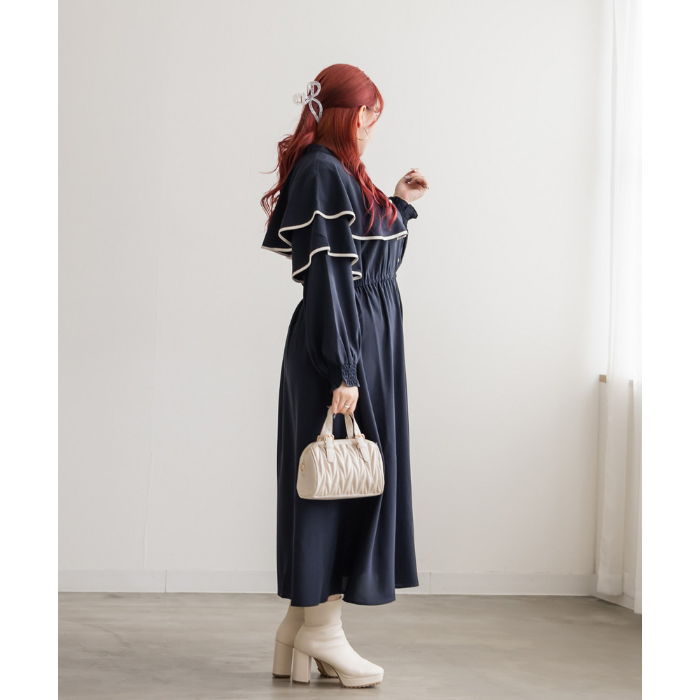 ウエストゴム長袖ケープワンピース6