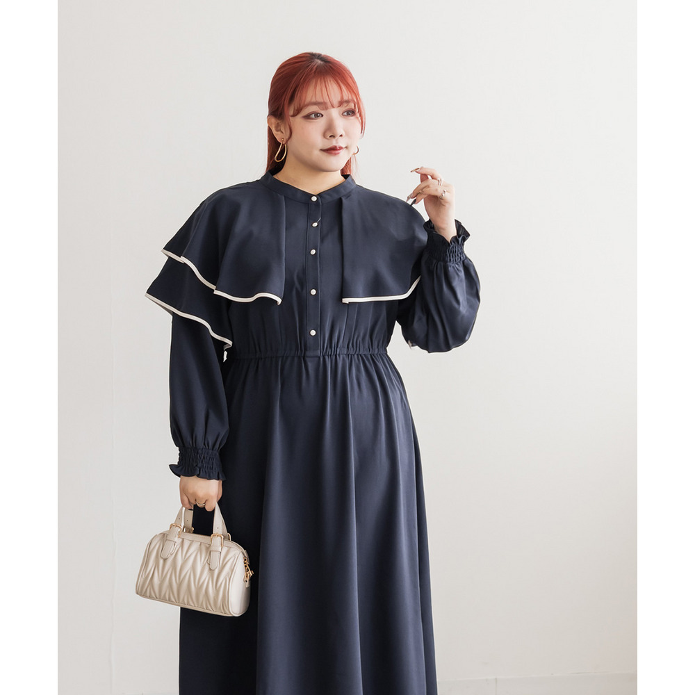 ウエストゴム長袖ケープワンピース7