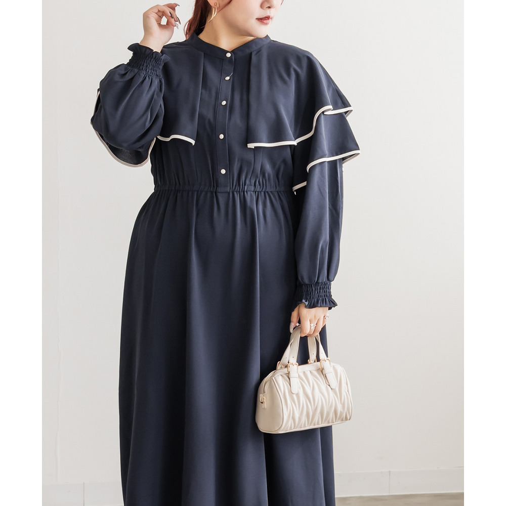 ウエストゴム長袖ケープワンピース8