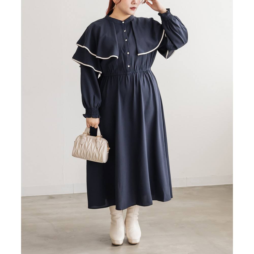 ウエストゴム長袖ケープワンピース1