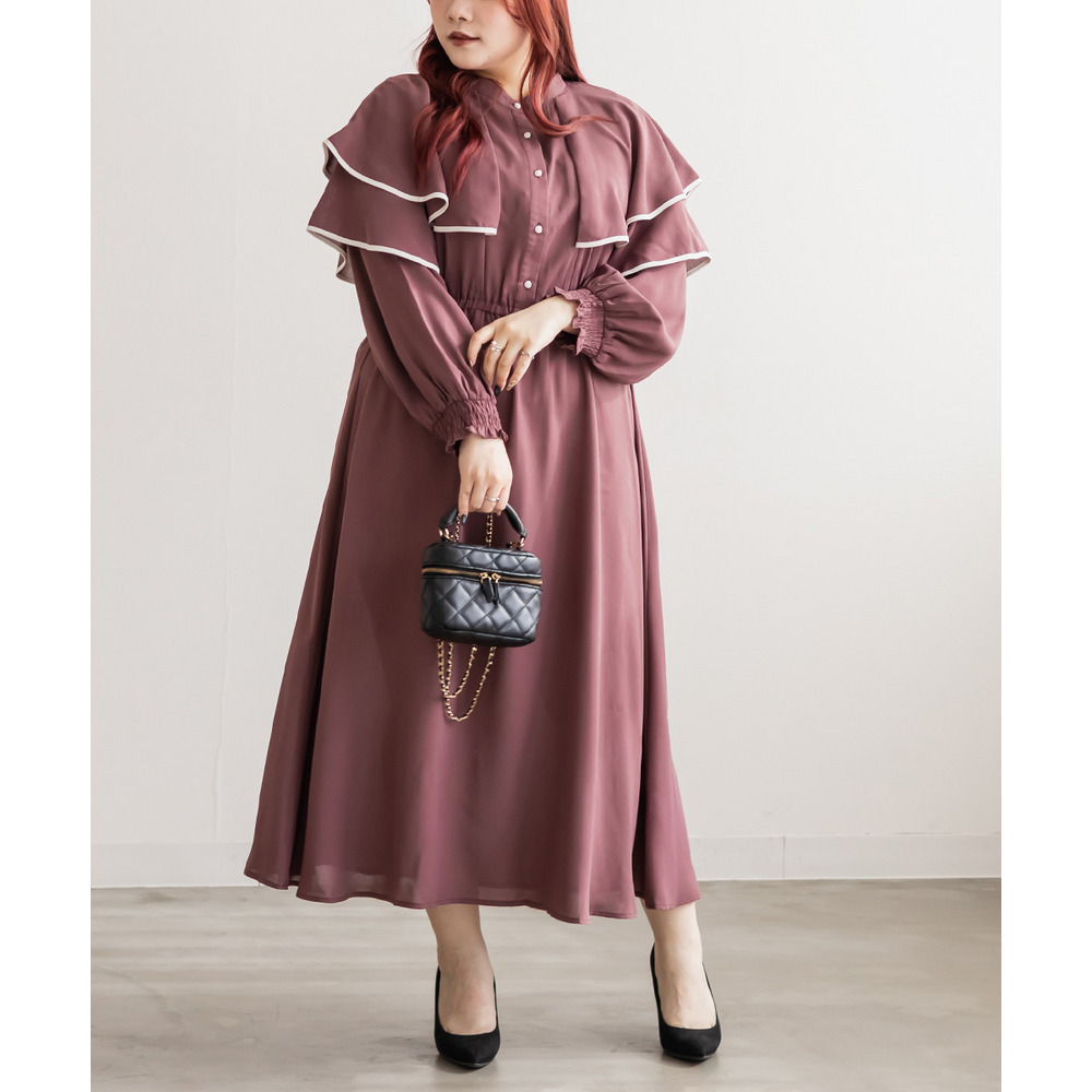 ウエストゴム長袖ケープワンピース1