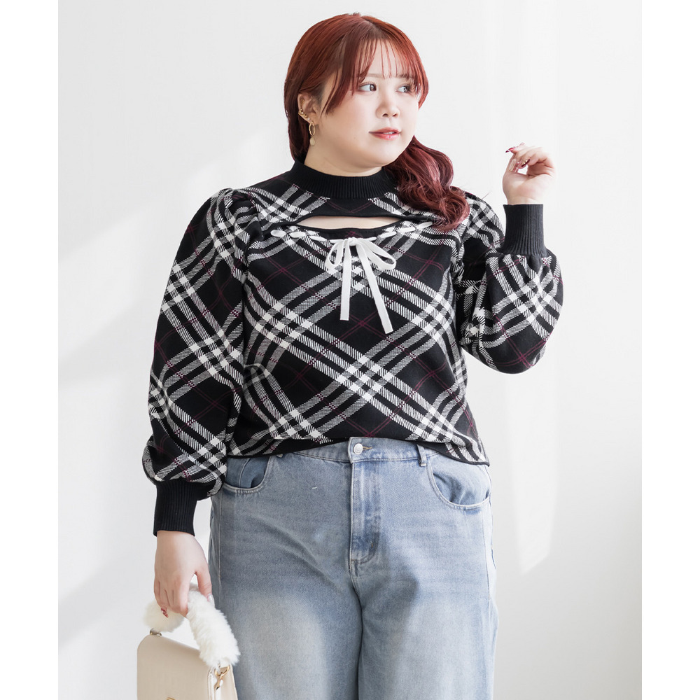 CLETTEオリジナルリボン使いチェック柄ニット1