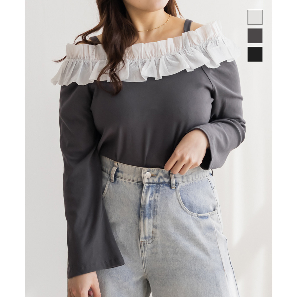 CLETTEオリジナルフリルオフショルリブトップス1