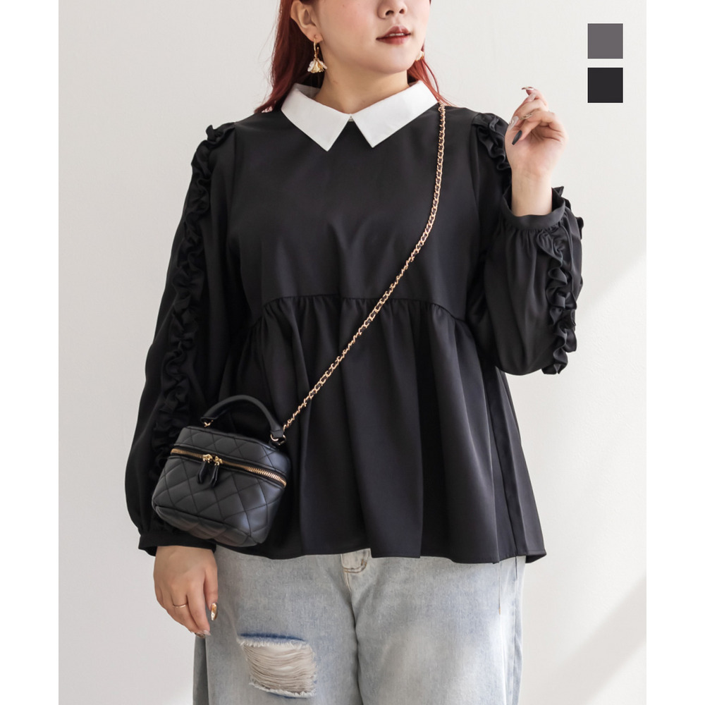 袖フリル2WAY衿レイヤード風ブラウス1