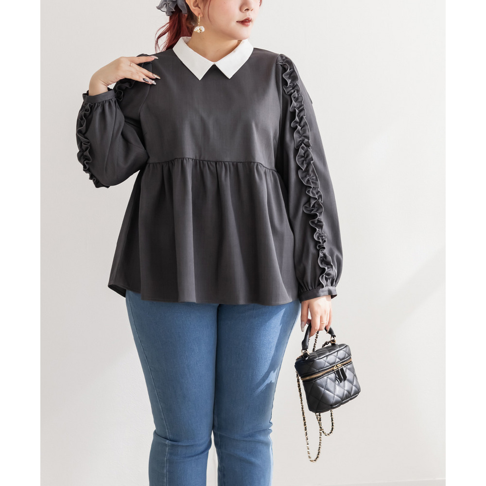 袖フリル2WAY衿レイヤード風ブラウス1