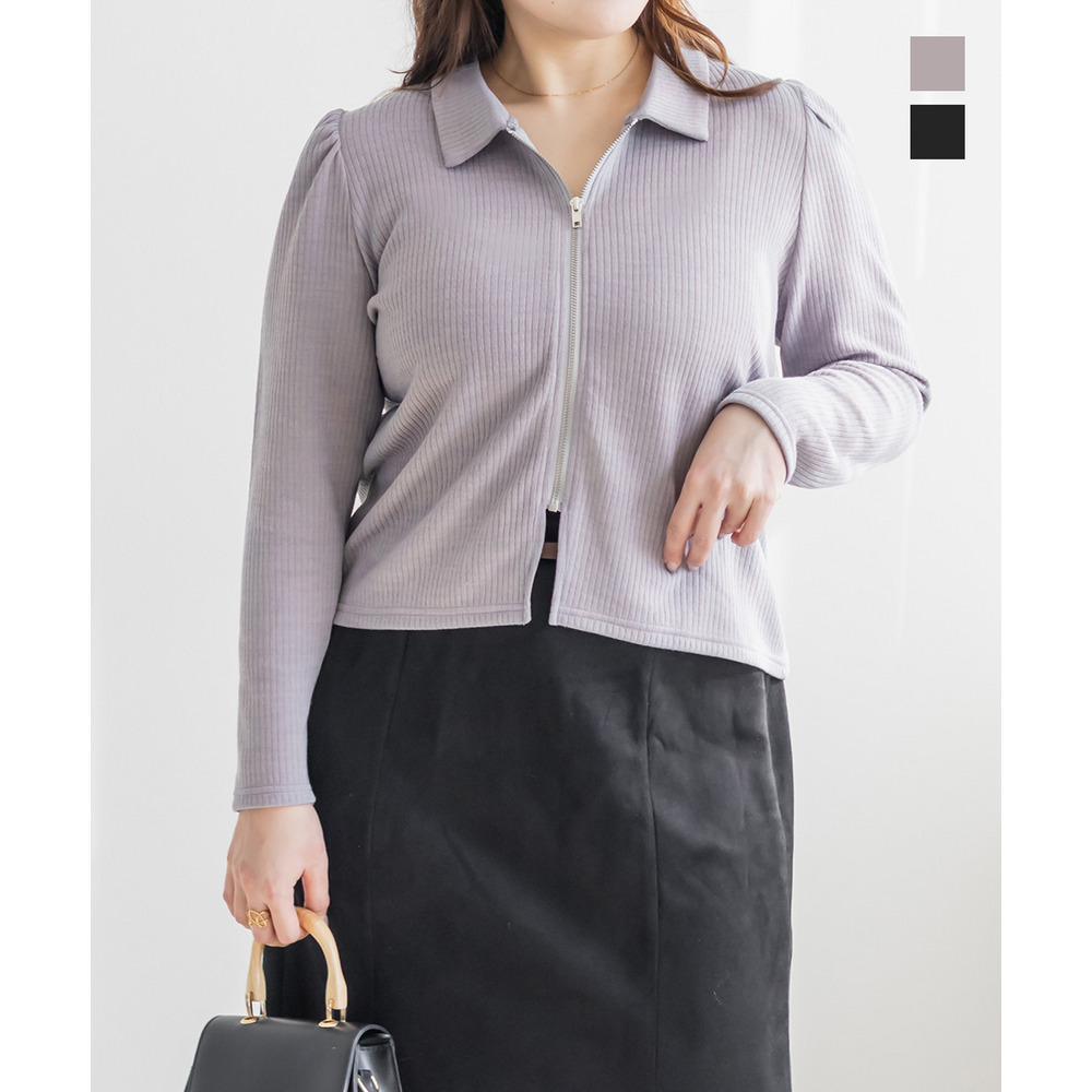 襟付きフロントジップリブプルオーバー