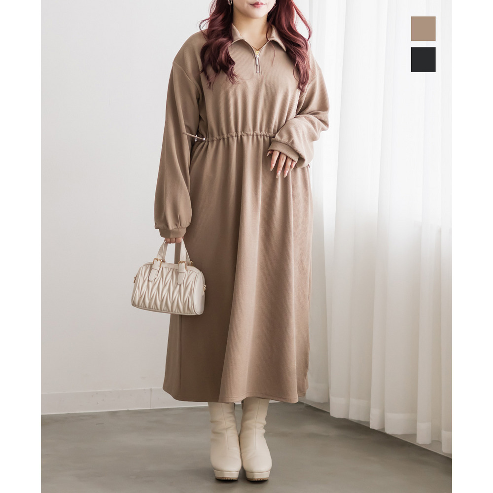 ハーフジップふくれジャガードドロストワンピース1