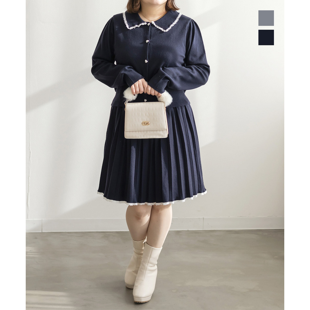 ハートボタン襟付きカーディガン＆プリーツスカートセット