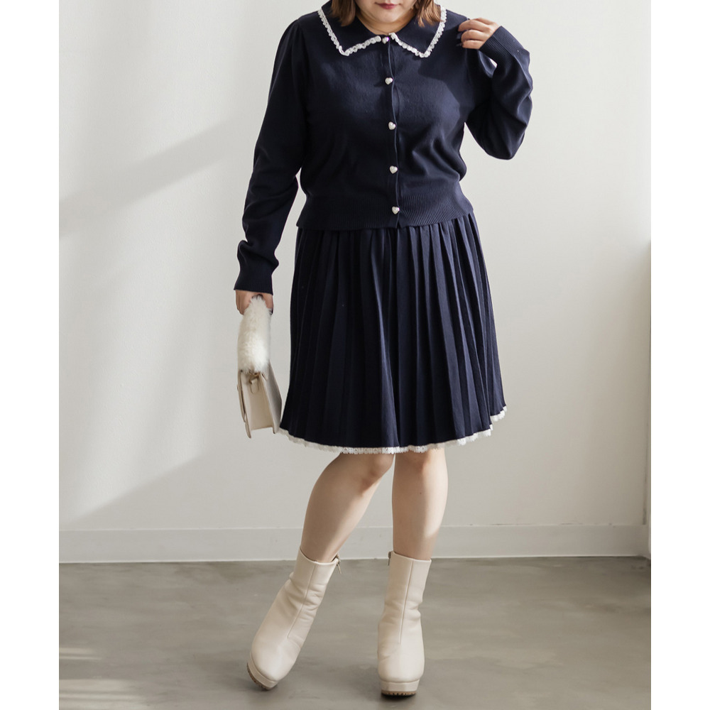 ハートボタン襟付きカーディガン&プリーツスカートセット1