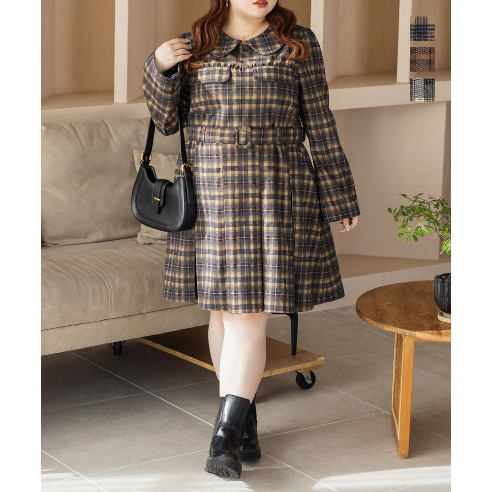 CLETTEオリジナルベルト付きボックスタックチェックミニワンピース