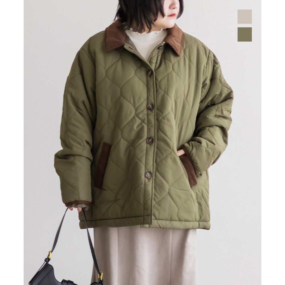 コーデュロイ配色ウェーブキルトコート1