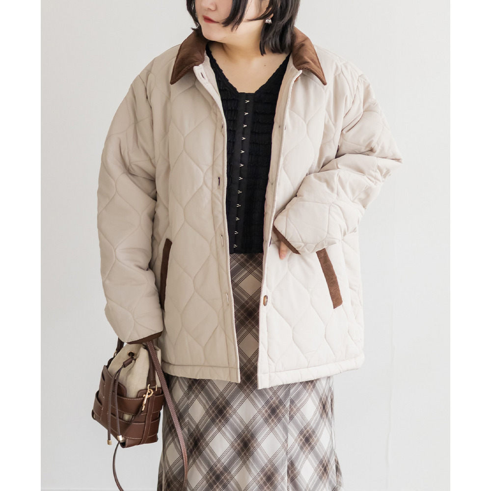 コーデュロイ配色ウェーブキルトコート1