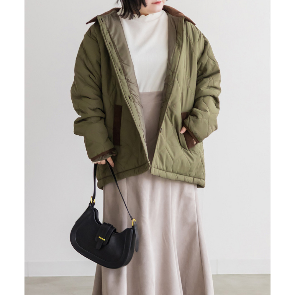 コーデュロイ配色ウェーブキルトコート1