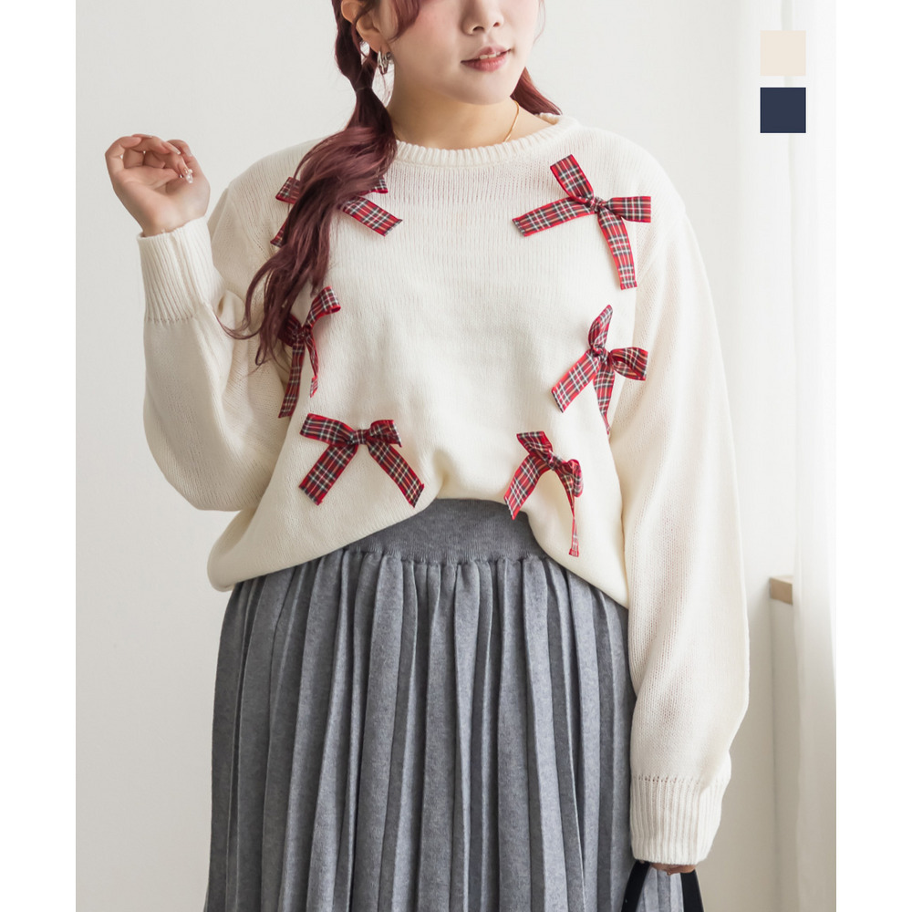 チェック柄リボンニット1