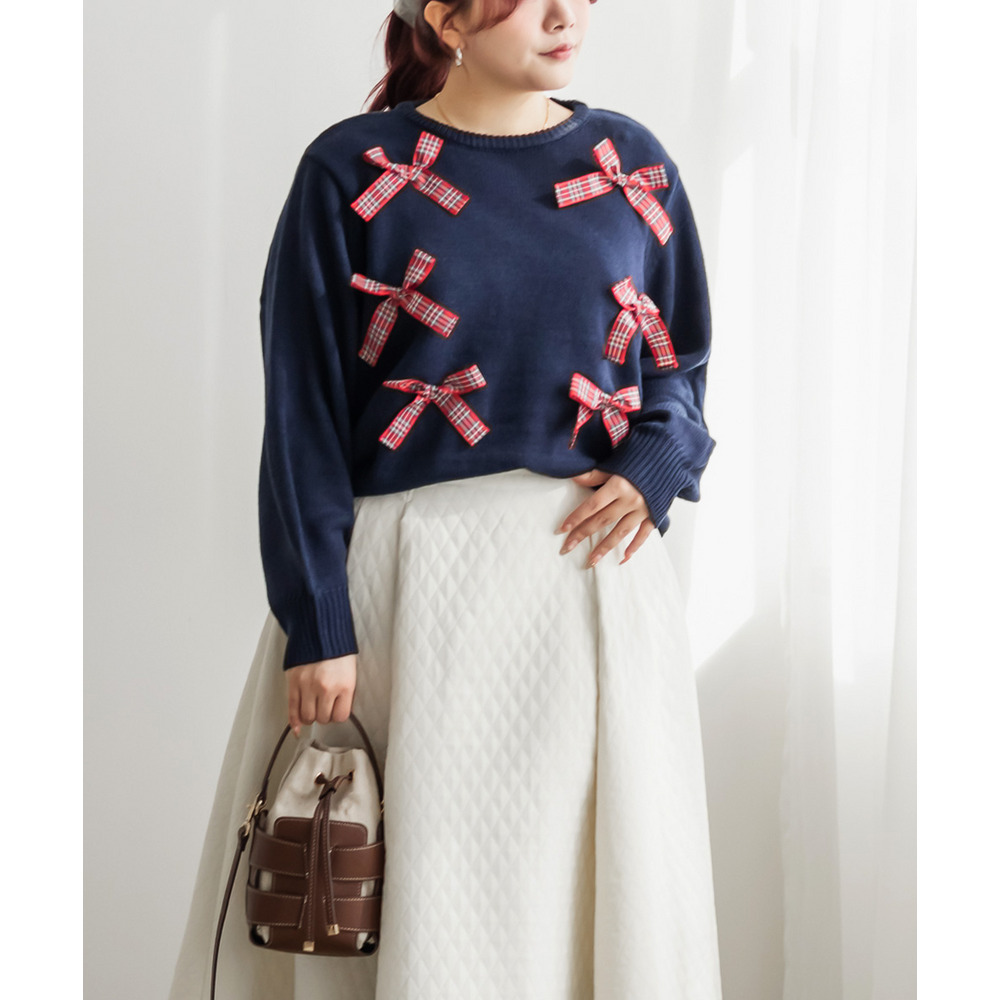 チェック柄リボンニット1