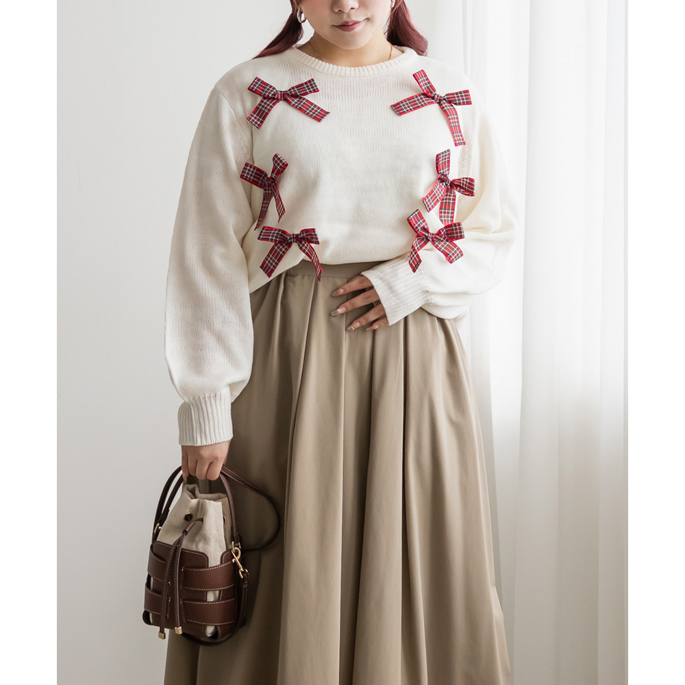チェック柄リボンニット1