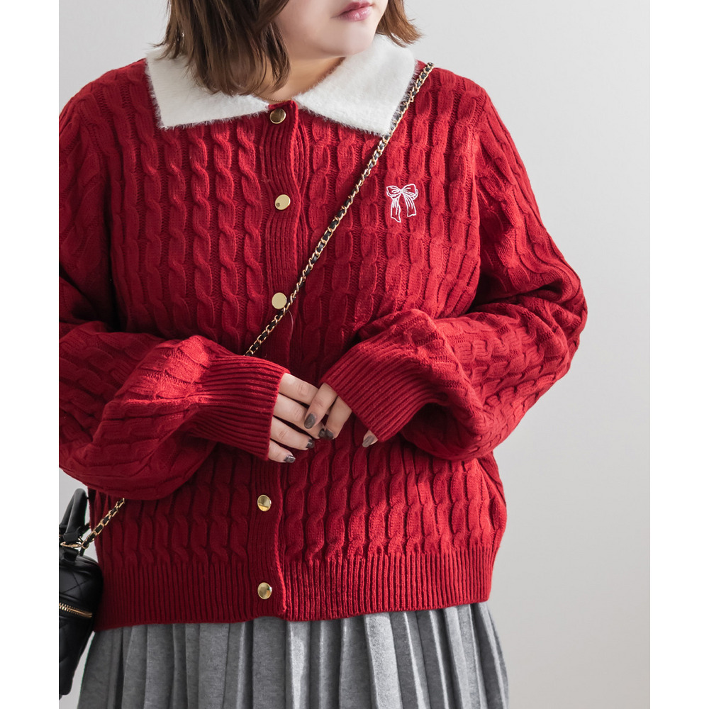 配色襟ケーブルニットカーディガン1