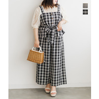 チェック柄ウエストベルト付きビスチェ＆ワイドパンツセット