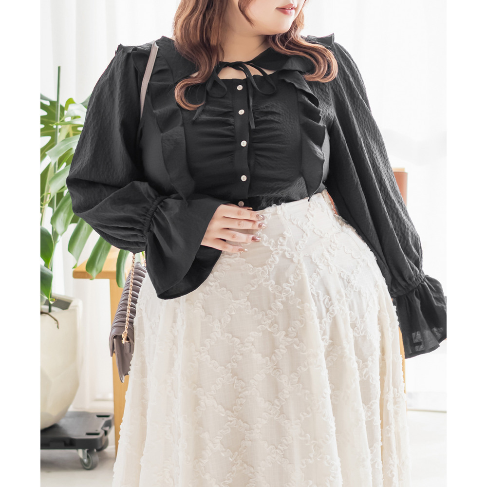 CLETTEオリジナルデコルテリボンフリルブラウス1