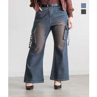 デザインベルトデニムフレアパンツ