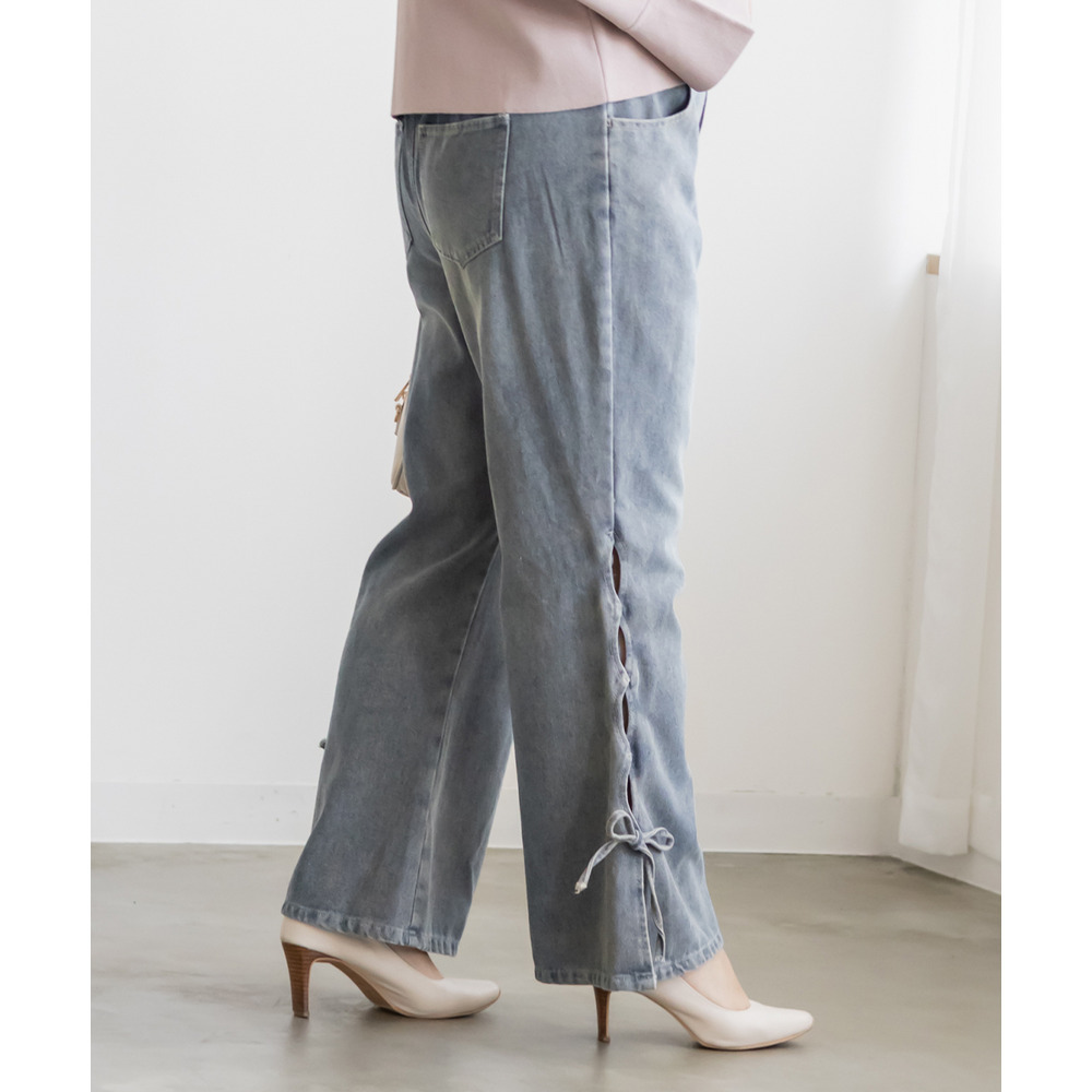 サイドカットリボンデニムフレアパンツ3