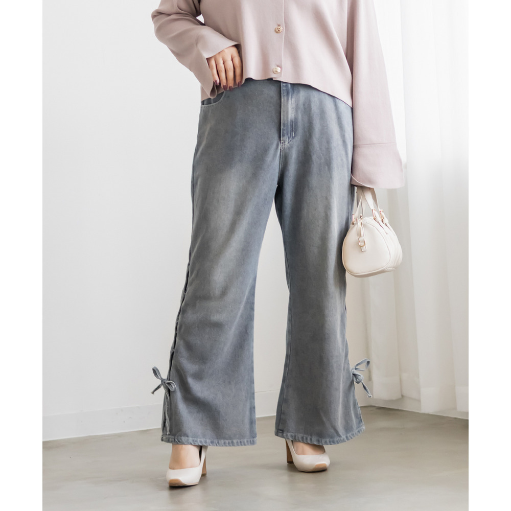サイドカットリボンデニムフレアパンツ4