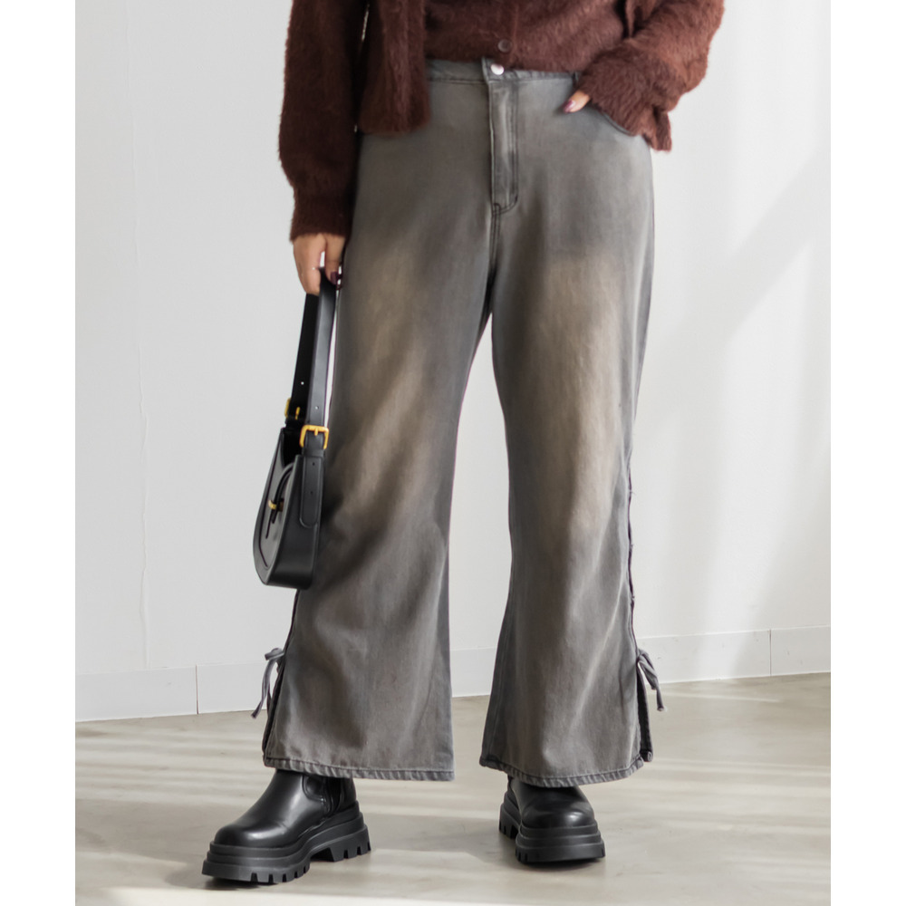 サイドカットリボンデニムフレアパンツ1