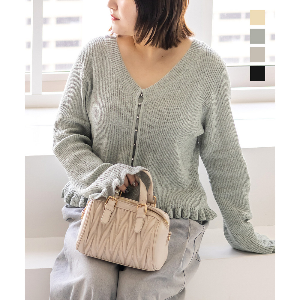 CLETTEオリジナルビジューボタンフリル使いニットカーディガン