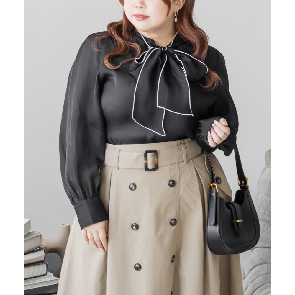 CLETTEオリジナル配色リボンタイシアーブラウス1