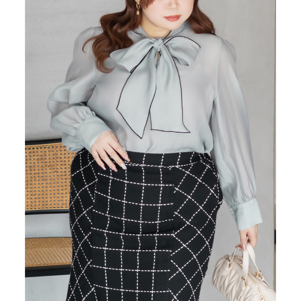 CLETTEオリジナル配色リボンタイシアーブラウス1