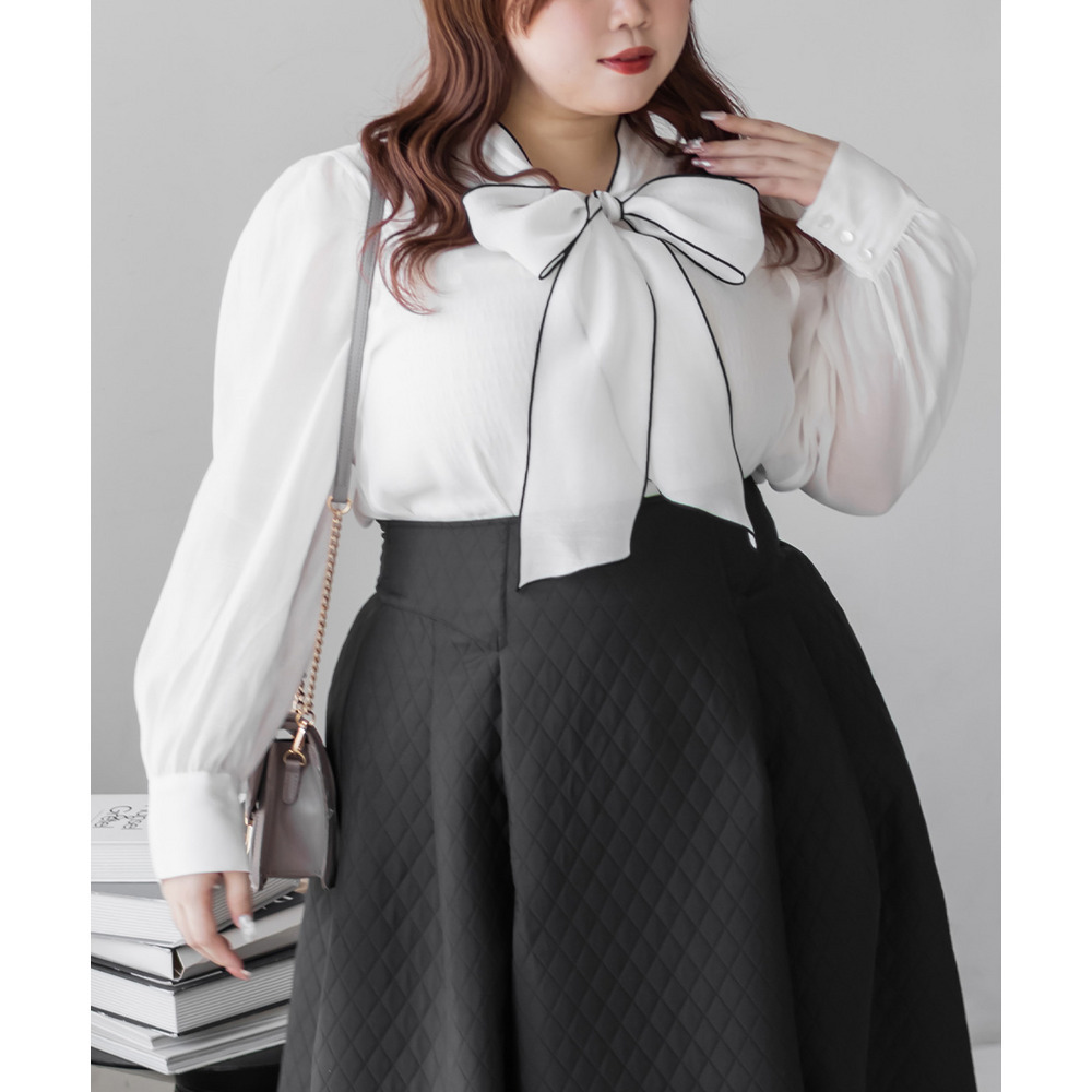 CLETTEオリジナル配色リボンタイシアーブラウス1