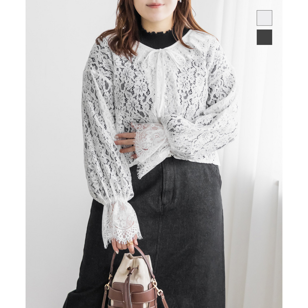 CLETTEオリジナルリボンタイスカラップレースブラウス