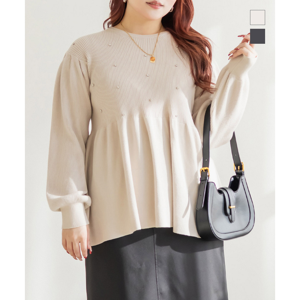 ビジュー付きペプラムニットプルオーバー