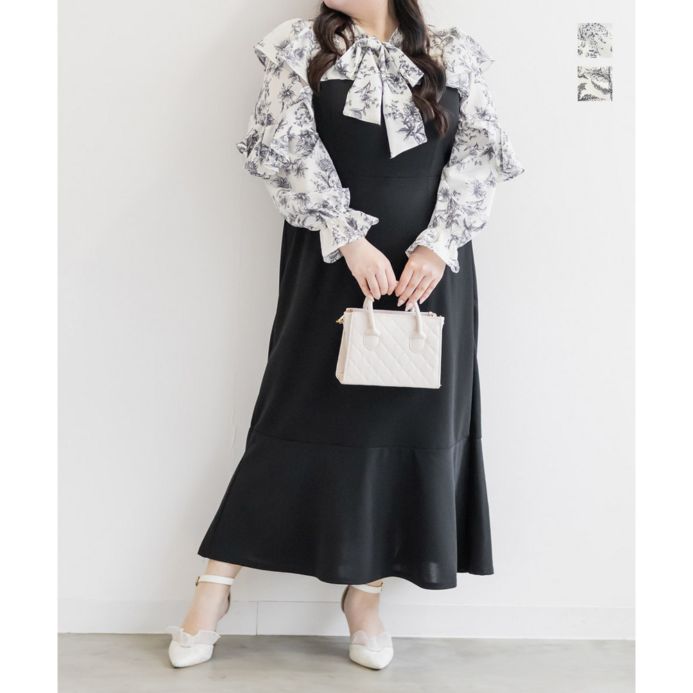 花柄ドッキングリボンタイワンピース