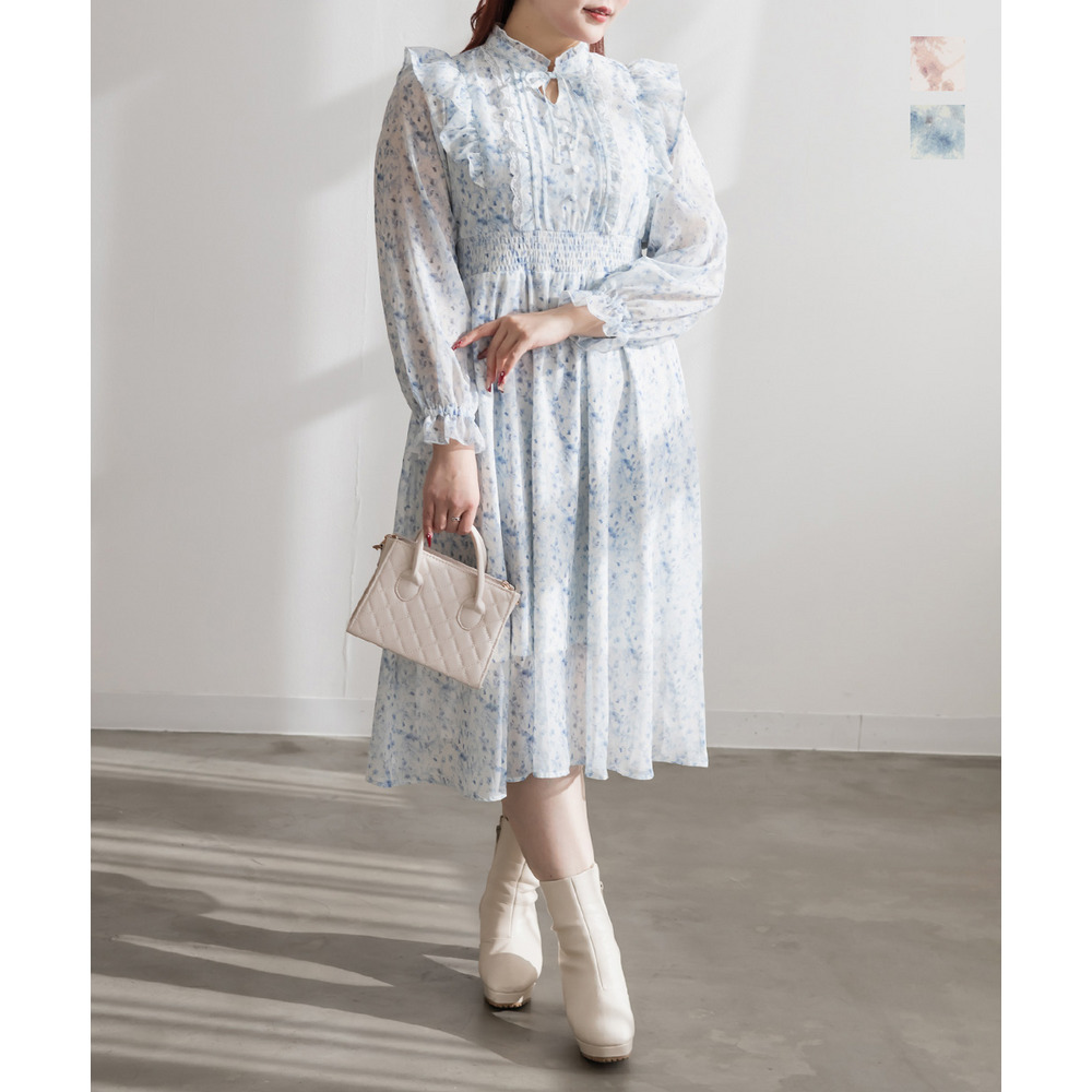 花柄フリルシフォンワンピース