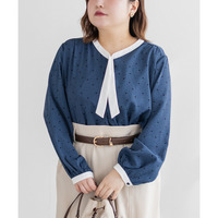 パール釦付き配色ボウタイブラウス