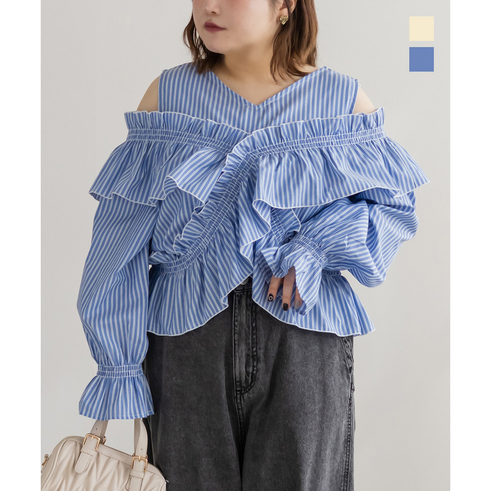 ストライプマルチWAYフリルブラウス