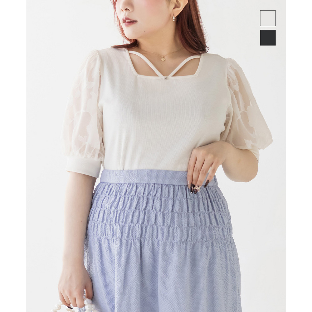 シアー花柄切替半袖プルオーバー