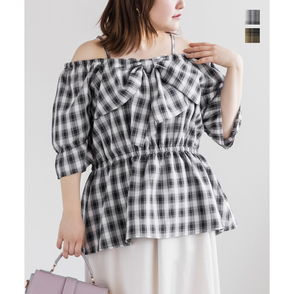 チェック柄フロントリボンオフショルチュニック