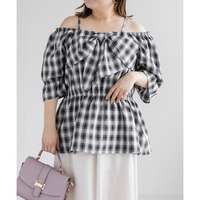 チェック柄フロントリボンオフショルチュニック