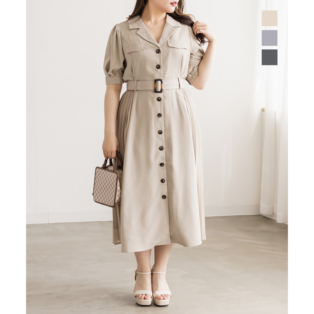 CLETTEオリジナルプリーツ配色ベルト付き半袖ワンピース