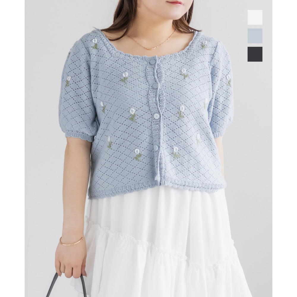 CLETTEオリジナル花刺繍透かし編みニットカーディガン