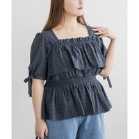 CLETTEオリジナル袖リボンチェックペプラムブラウス