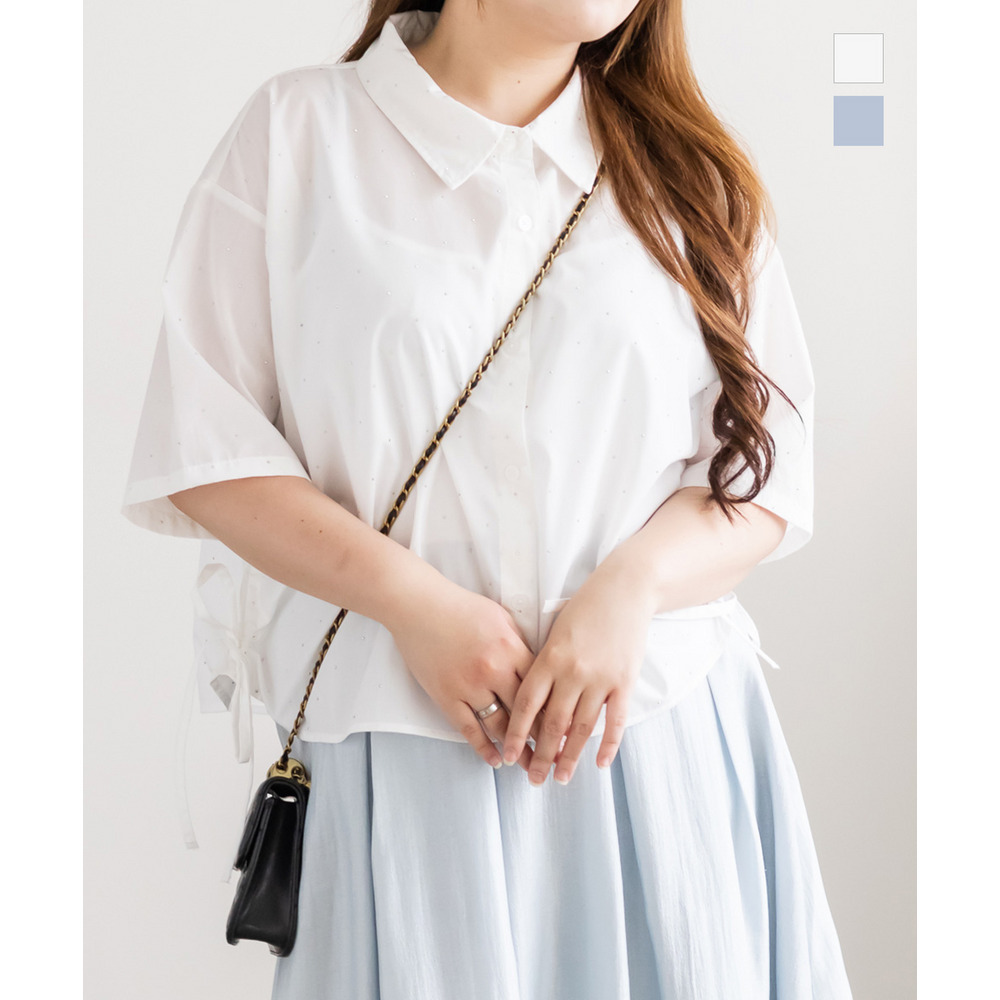 サイドドロストラインストーン半袖シャツ