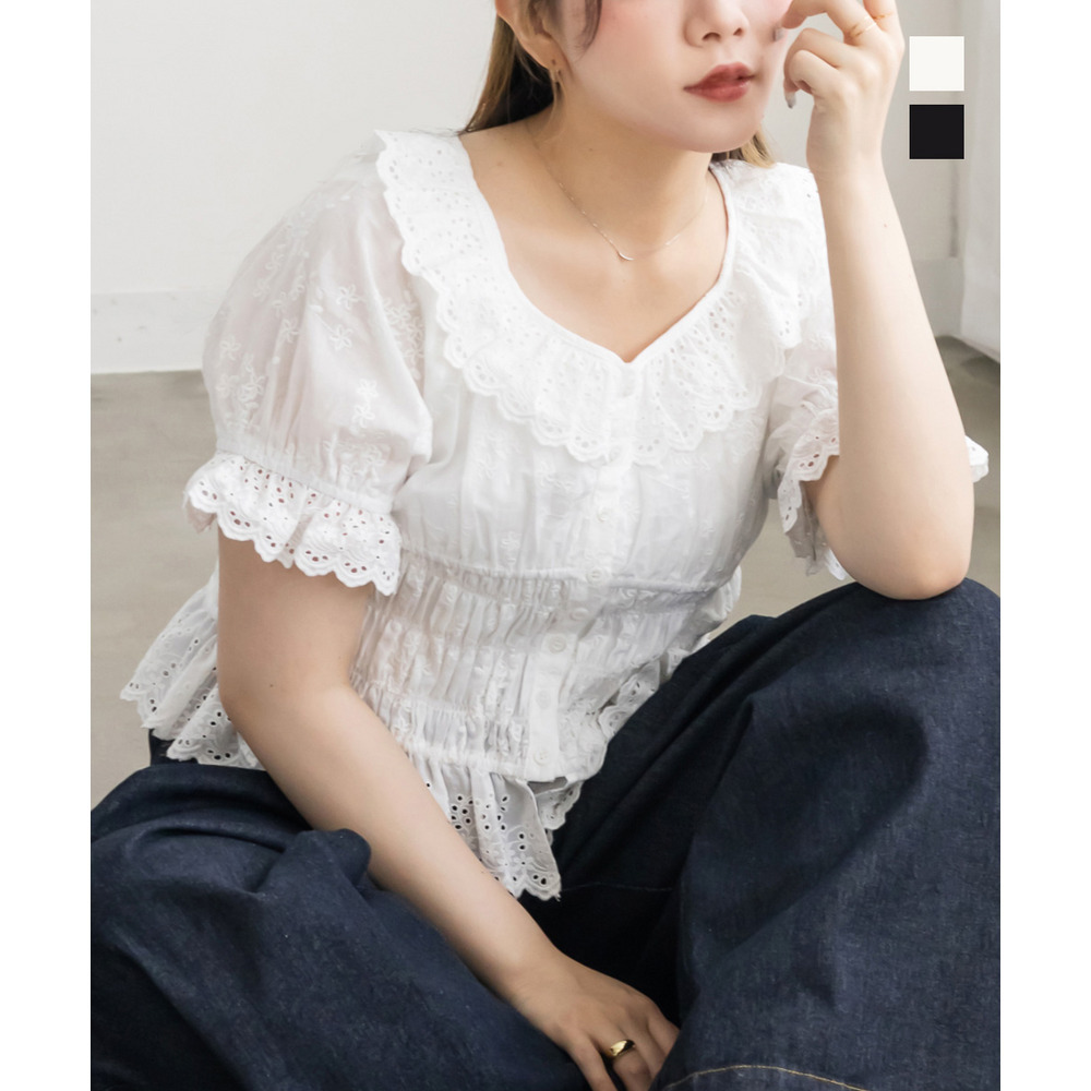CLETTEオリジナルコットンレースシャーリングブラウス